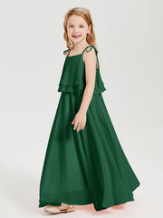 Abiti Damigella Junior Lunghi In Chiffon Spalline Sottili Con Fiocco Verde Scuro