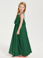Abiti Damigella Junior Lunghi In Chiffon Spalline Sottili Con Fiocco Verde Scuro