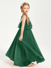 Abiti Damigella Junior Lunghi In Chiffon Spalline Sottili Con Fiocco Verde Scuro