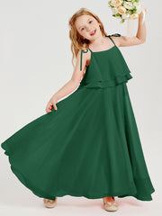 Abiti Damigella Junior Lunghi In Chiffon Spalline Sottili Con Fiocco Verde Scuro