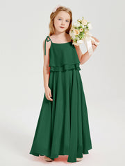 Abiti Damigella Junior Lunghi In Chiffon Spalline Sottili Con Fiocco Verde Scuro
