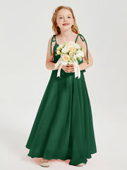Abiti Damigella Junior Lunghi In Chiffon Spalline Sottili Con Fiocco Verde Scuro
