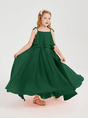 Abiti Damigella Junior Lunghi In Chiffon Spalline Sottili Con Fiocco Verde Scuro