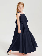 Abiti Damigella Junior Lunghi In Chiffon Spalline Sottili Con Fiocco Blu Scuro