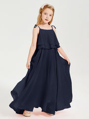 Abiti Damigella Junior Lunghi In Chiffon Spalline Sottili Con Fiocco Blu Scuro
