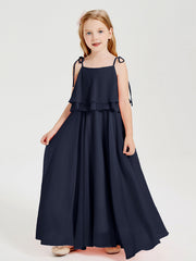 Abiti Damigella Junior Lunghi In Chiffon Spalline Sottili Con Fiocco Blu Scuro