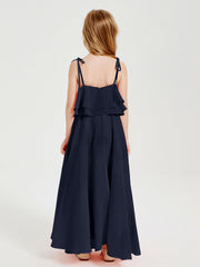 Abiti Damigella Junior Lunghi In Chiffon Spalline Sottili Con Fiocco Blu Scuro
