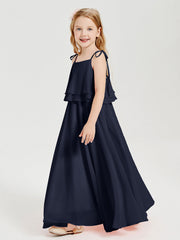 Abiti Damigella Junior Lunghi In Chiffon Spalline Sottili Con Fiocco Blu Scuro