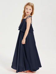 Abiti Damigella Junior Lunghi In Chiffon Spalline Sottili Con Fiocco Blu Scuro