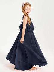 Abiti Damigella Junior Lunghi In Chiffon Spalline Sottili Con Fiocco Blu Scuro