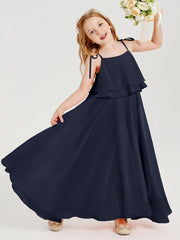 Abiti Damigella Junior Lunghi In Chiffon Spalline Sottili Con Fiocco Blu Scuro