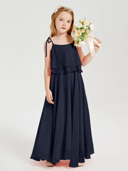 Abiti Damigella Junior Lunghi In Chiffon Spalline Sottili Con Fiocco Blu Scuro
