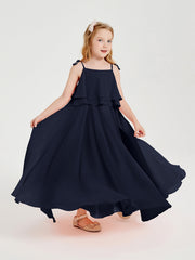 Abiti Damigella Junior Lunghi In Chiffon Spalline Sottili Con Fiocco Blu Scuro