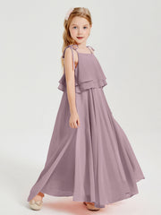 Abiti Damigella Junior Lunghi In Chiffon Spalline Sottili Con Fiocco Crepuscolo