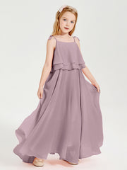 Abiti Damigella Junior Lunghi In Chiffon Spalline Sottili Con Fiocco Crepuscolo