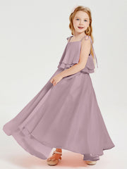 Abiti Damigella Junior Lunghi In Chiffon Spalline Sottili Con Fiocco Crepuscolo