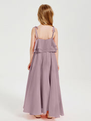 Abiti Damigella Junior Lunghi In Chiffon Spalline Sottili Con Fiocco Crepuscolo