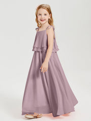 Abiti Damigella Junior Lunghi In Chiffon Spalline Sottili Con Fiocco Crepuscolo