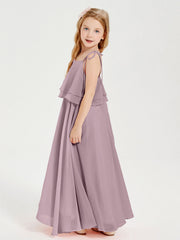 Abiti Damigella Junior Lunghi In Chiffon Spalline Sottili Con Fiocco Crepuscolo