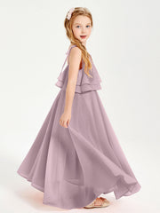 Abiti Damigella Junior Lunghi In Chiffon Spalline Sottili Con Fiocco Crepuscolo