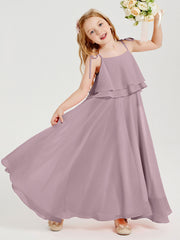 Abiti Damigella Junior Lunghi In Chiffon Spalline Sottili Con Fiocco Crepuscolo