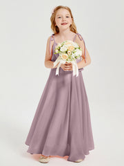 Abiti Damigella Junior Lunghi In Chiffon Spalline Sottili Con Fiocco Crepuscolo