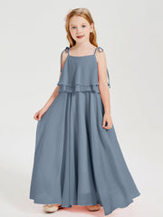 Abiti Damigella Junior Lunghi In Chiffon Spalline Sottili Con Fiocco Azzurro Polvere