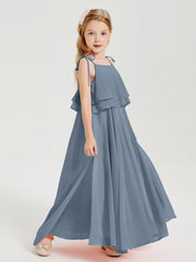 Abiti Damigella Junior Lunghi In Chiffon Spalline Sottili Con Fiocco Azzurro Polvere