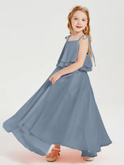 Abiti Damigella Junior Lunghi In Chiffon Spalline Sottili Con Fiocco Azzurro Polvere
