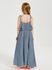 Abiti Damigella Junior Lunghi In Chiffon Spalline Sottili Con Fiocco Azzurro Polvere