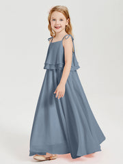 Abiti Damigella Junior Lunghi In Chiffon Spalline Sottili Con Fiocco Azzurro Polvere