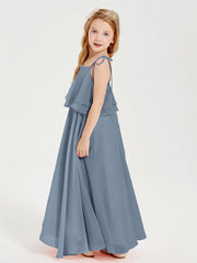 Abiti Damigella Junior Lunghi In Chiffon Spalline Sottili Con Fiocco Azzurro Polvere