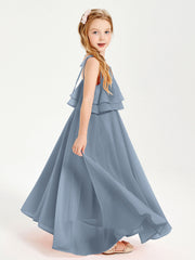 Abiti Damigella Junior Lunghi In Chiffon Spalline Sottili Con Fiocco Azzurro Polvere
