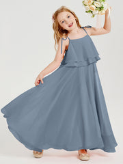 Abiti Damigella Junior Lunghi In Chiffon Spalline Sottili Con Fiocco Azzurro Polvere