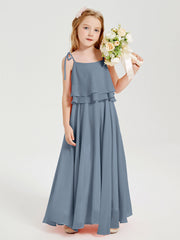 Abiti Damigella Junior Lunghi In Chiffon Spalline Sottili Con Fiocco Azzurro Polvere