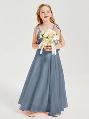 Abiti Damigella Junior Lunghi In Chiffon Spalline Sottili Con Fiocco Azzurro Polvere