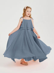 Abiti Damigella Junior Lunghi In Chiffon Spalline Sottili Con Fiocco Azzurro Polvere