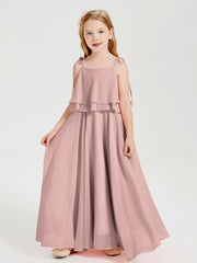 Abiti Damigella Junior Lunghi In Chiffon Spalline Sottili Con Fiocco Rosa Polvere