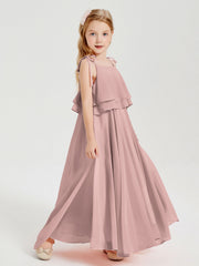 Abiti Damigella Junior Lunghi In Chiffon Spalline Sottili Con Fiocco Rosa Polvere