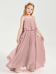 Abiti Damigella Junior Lunghi In Chiffon Spalline Sottili Con Fiocco Rosa Polvere