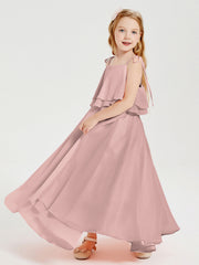Abiti Damigella Junior Lunghi In Chiffon Spalline Sottili Con Fiocco Rosa Polvere