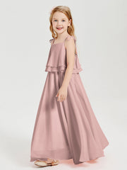 Abiti Damigella Junior Lunghi In Chiffon Spalline Sottili Con Fiocco Rosa Polvere
