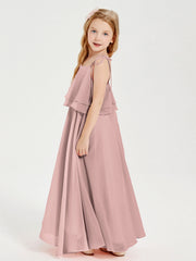 Abiti Damigella Junior Lunghi In Chiffon Spalline Sottili Con Fiocco Rosa Polvere