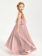 Abiti Damigella Junior Lunghi In Chiffon Spalline Sottili Con Fiocco Rosa Polvere