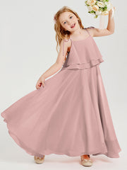 Abiti Damigella Junior Lunghi In Chiffon Spalline Sottili Con Fiocco Rosa Polvere