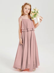 Abiti Damigella Junior Lunghi In Chiffon Spalline Sottili Con Fiocco Rosa Polvere