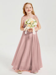 Abiti Damigella Junior Lunghi In Chiffon Spalline Sottili Con Fiocco Rosa Polvere