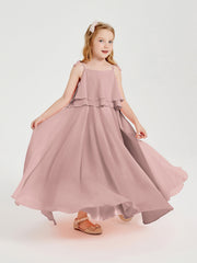 Abiti Damigella Junior Lunghi In Chiffon Spalline Sottili Con Fiocco Rosa Polvere