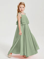 Abiti Damigella Junior Lunghi In Chiffon Spalline Sottili Con Fiocco Salvia Polvere