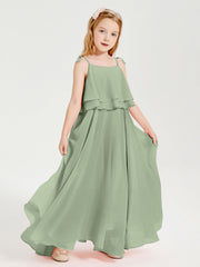 Abiti Damigella Junior Lunghi In Chiffon Spalline Sottili Con Fiocco Salvia Polvere